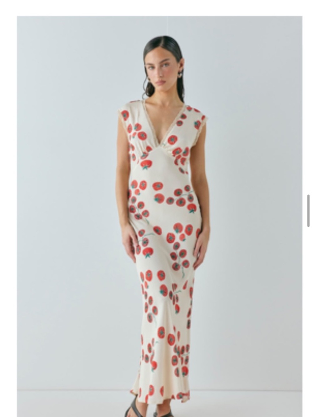Ivory Maxi Dress with Red Floral Print and V-Neck